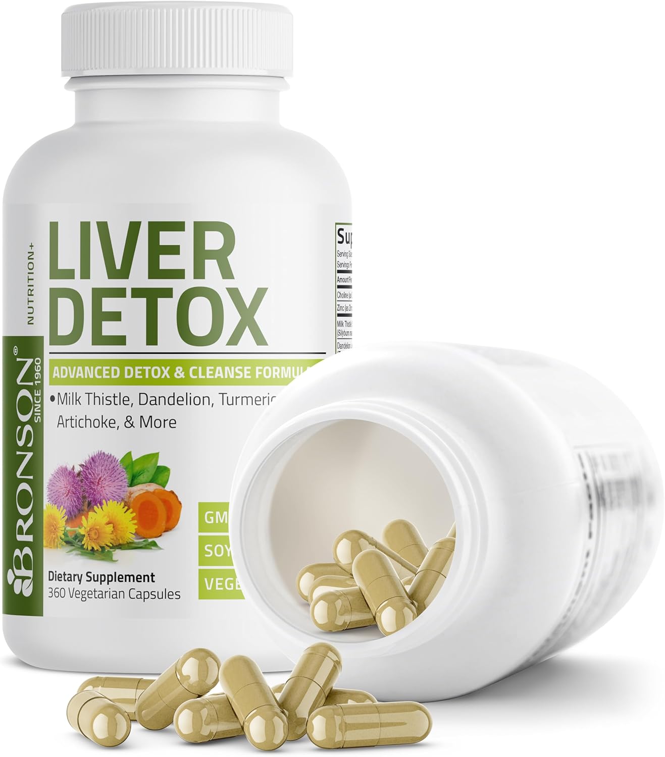 Bronson Liver Detox Advanced Detox & Cleansing Formula Supports Health Liver Function with Milk Thistle, Dandelion Extract, Turmeric, Artichoke Leaf & More, Non-GMO, 360 Vegetarian Capsules