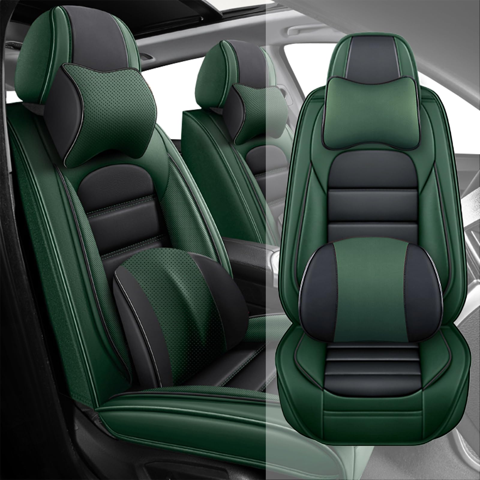 Fit for 95% of Cars SUVs Seat Covers,Car Seat Cover Protector,Waterproof Front Car Seat Covers(Luxury-Black&amp;Green)