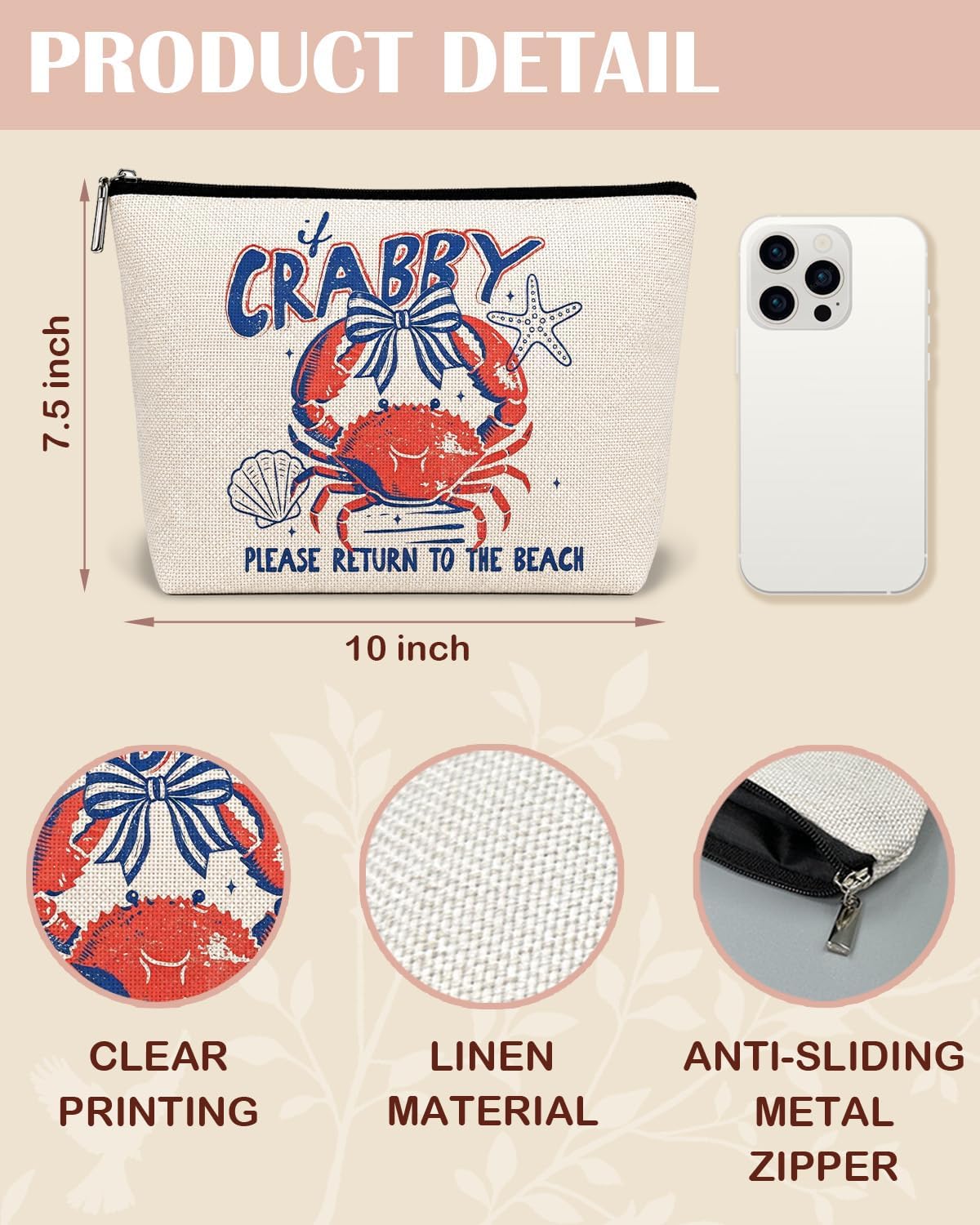 Funny Coastal Beach Crab Makeup Bag for Women image 2