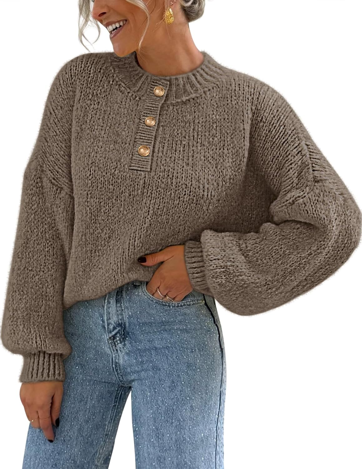 MEROKEETY Women's 2025 Fall Oversized Sweaters Chunky Long Lantern Sleeve Buttoned Mock Neck Winter Knit Loose Pullover Tops