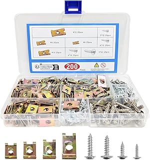 200PCS Car U‑Clips with Screw Assortment Kit, #6/8/10/12 4 Sizes U-Style Clip-On Nuts Automotive Screws, Metal U-Type Fasteners Retainers for Dash Door Panel Interior Trim
