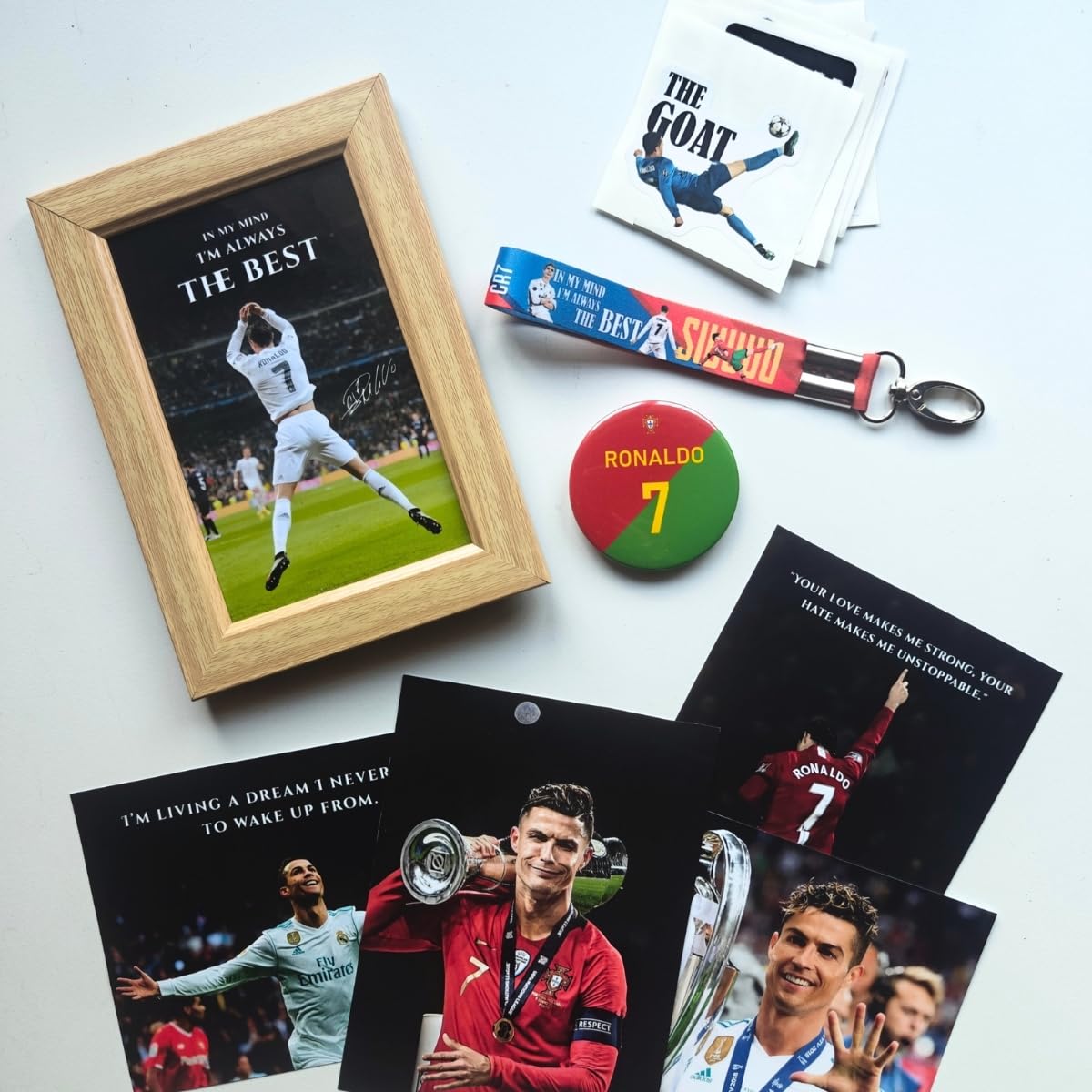 TenorArts Cristiano Ronaldo Gift Box CR7 Merchandise for Fans - 5x7 Inches Laminated Photo Frame,1 Ronaldo Keychain, 1 Badge, 4 4x6 inches CR7 Posters, 10 Multi sized Stickers - 5 items in 1 Box | Perfect for Gifting Football Fans-image-28