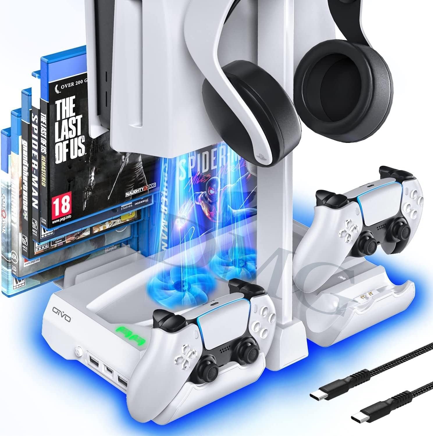 TMG PS5 Vertical Stand, Cooling Fan Stand, Controller Charger and Headset Holder, Built-in Cooling Fan & 15 Game Disc Slots, Gaming Console Storage Tower Accessories