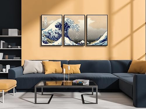 Vista 100 de Wieco Art Great Wave of Kanagawa Katsushika Hokusai 3 piezas modernas sobre lienzo estirado impresiones sobre lienzo, arte de pared para decoración