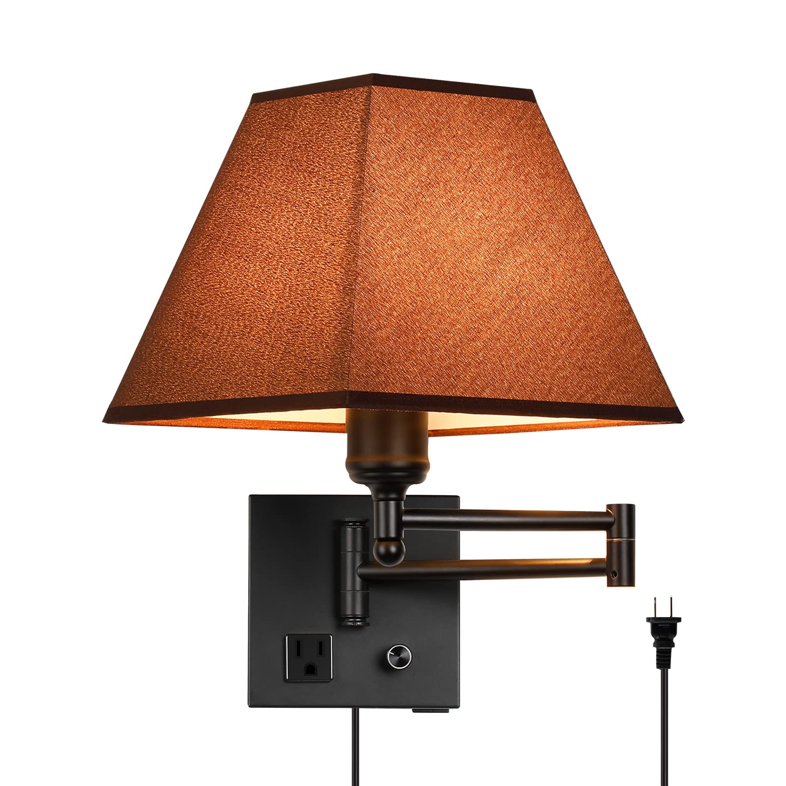 Swing Arm Wall Lamp.Plug in Wall Sconces with USB Port and AC Outlet.Sconces Wall Lighting Coffee Fabric Shade with Dimmable Switch for Hallway Bedroom Living Room.Black Finish.