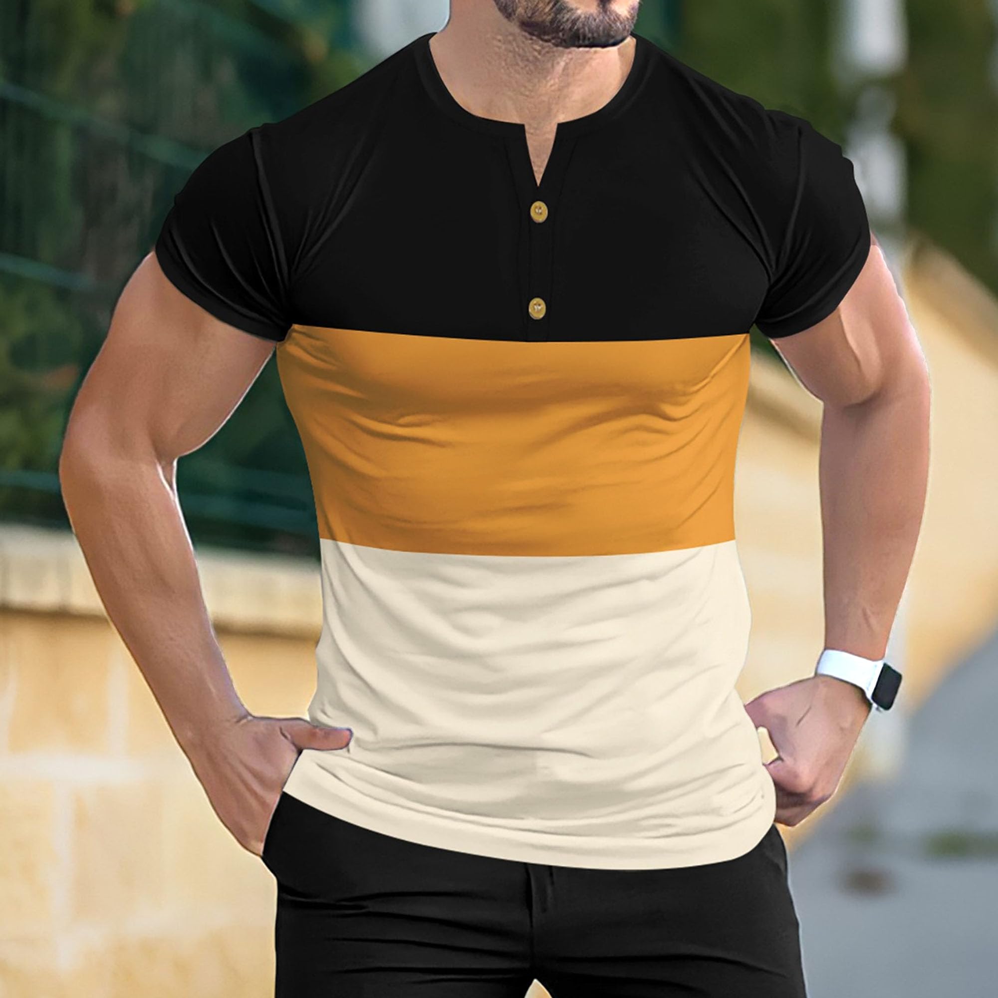 Men Tri-Color Stitching 2 Button T Shirt Slim Lightweight Sport Henry Shirts Summer Casual Exercise Pullover Tops (Style3,X-Large)