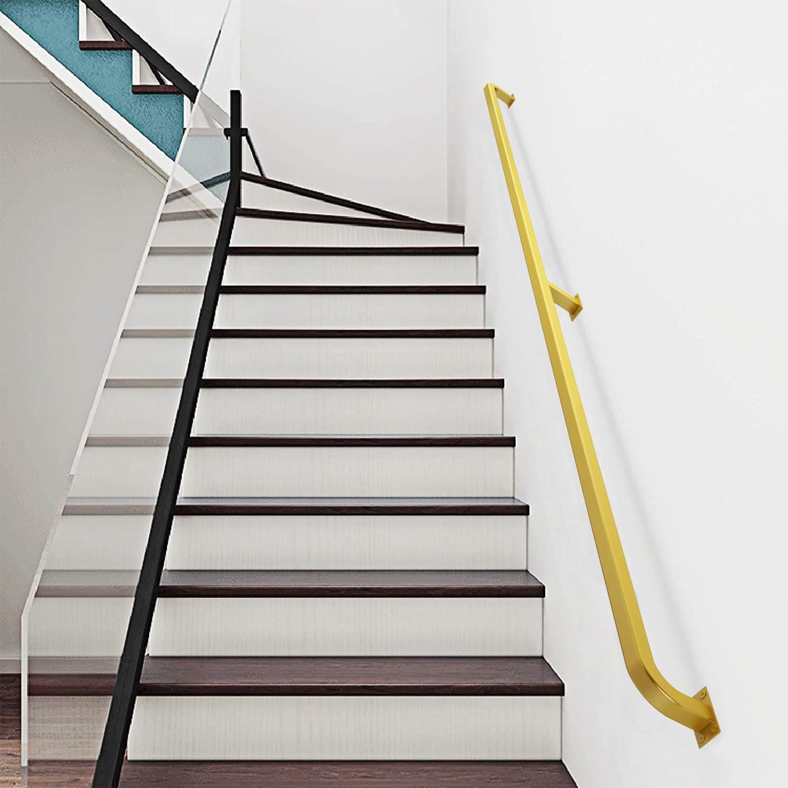 LWJSOCP Stair handrail 30-600cm Stair Handrail Complete Kit, Black Metal Banister Rail Kit with Wrought Iron Brackets, Wall Mounted Stair Handrail - Round Corner Style (Size : 2.5m)