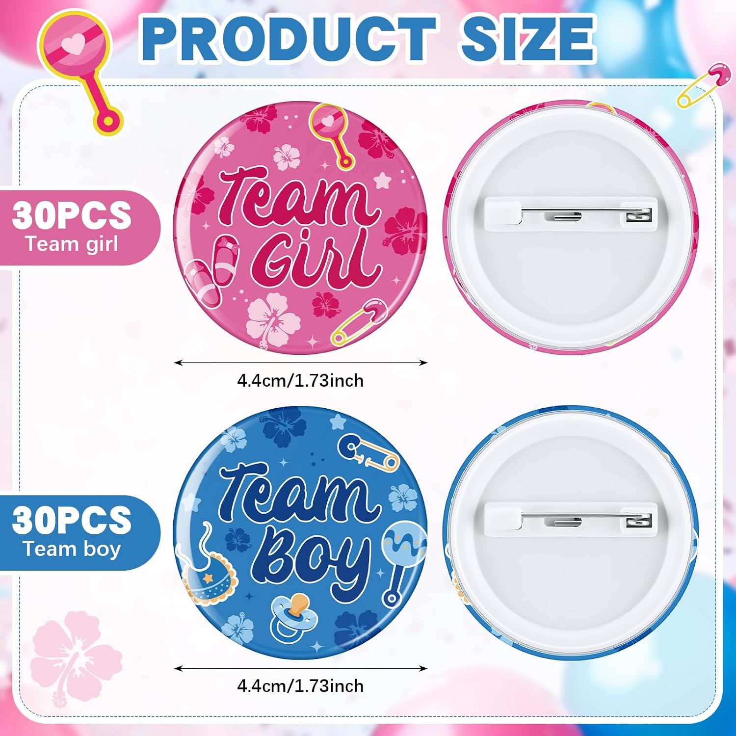 Suncalla 60 Pcs Pink and Blue Gender Reveal Decorations Pink and Blue Button Pins 1.7 Inch Team Boy or Girl Badges Summer Hibiscus Gender Reveal Supplies for Baby Shower Summer Hawaii Luau Party