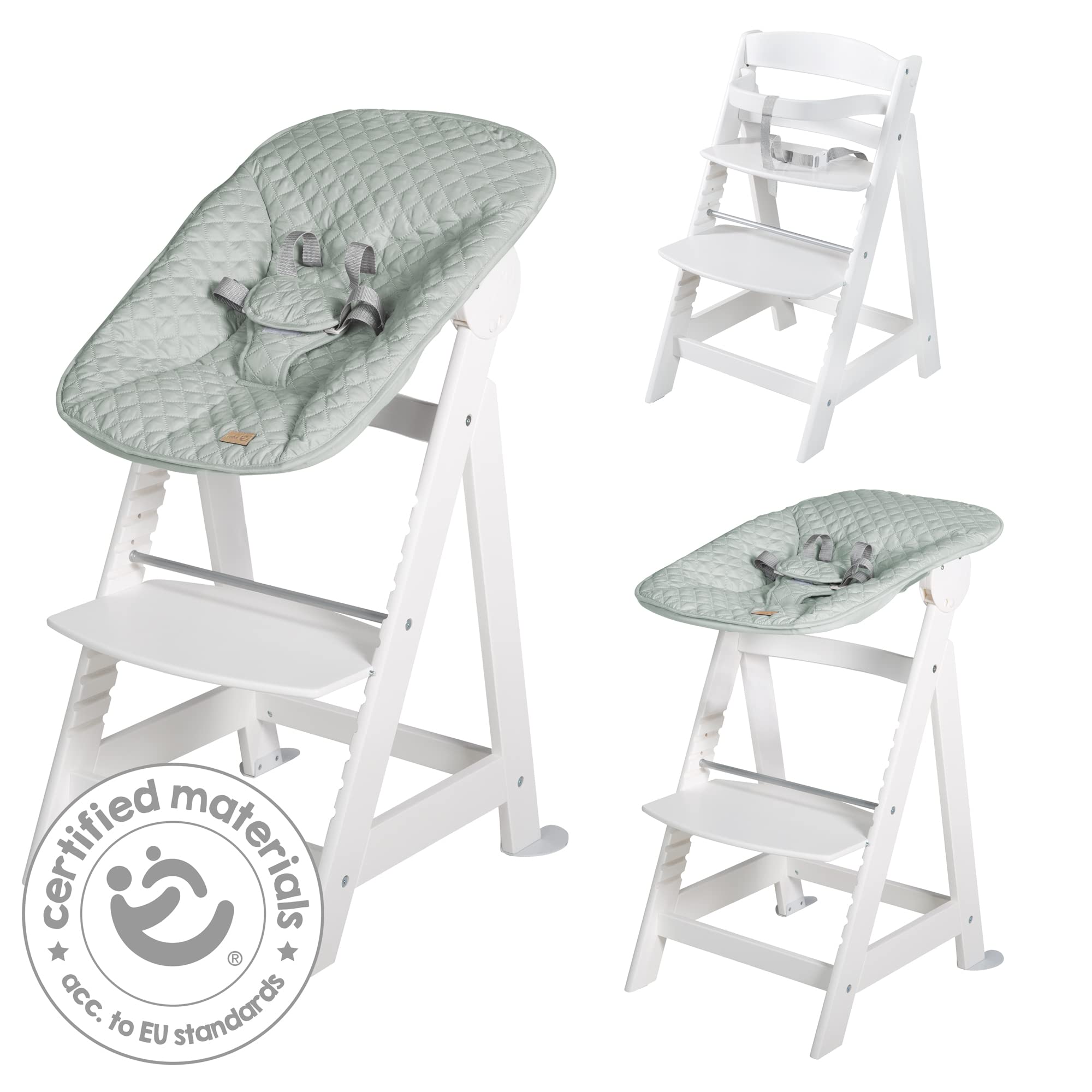 roba Seggiolone Evolutivo Born Up 2in1, Sdraietta roba Style Verde Ghiaccio Reclinabile, Fodera Impermeabile, Altezza Regolabile, Robusto e Resistente, Ergonomico, fino ai 70 kg, Legno Laccato Bianco