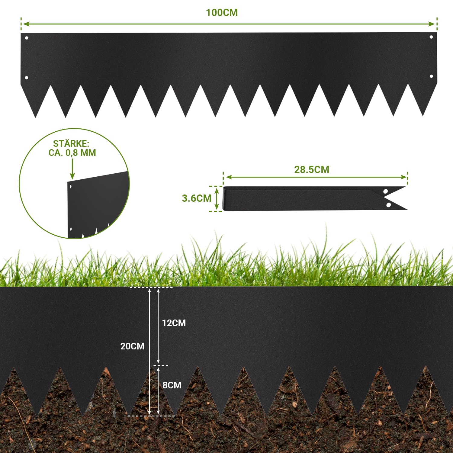 Rasenkanten, 100x20cm Rasenkante Metall scharfen Sägezähnen, Flexible Beeteinfassung Mähkant Palisade mit Clips und Handschuhe, für Gärten Wege, Schwarz (Länge 10m - Höhe 20cm)