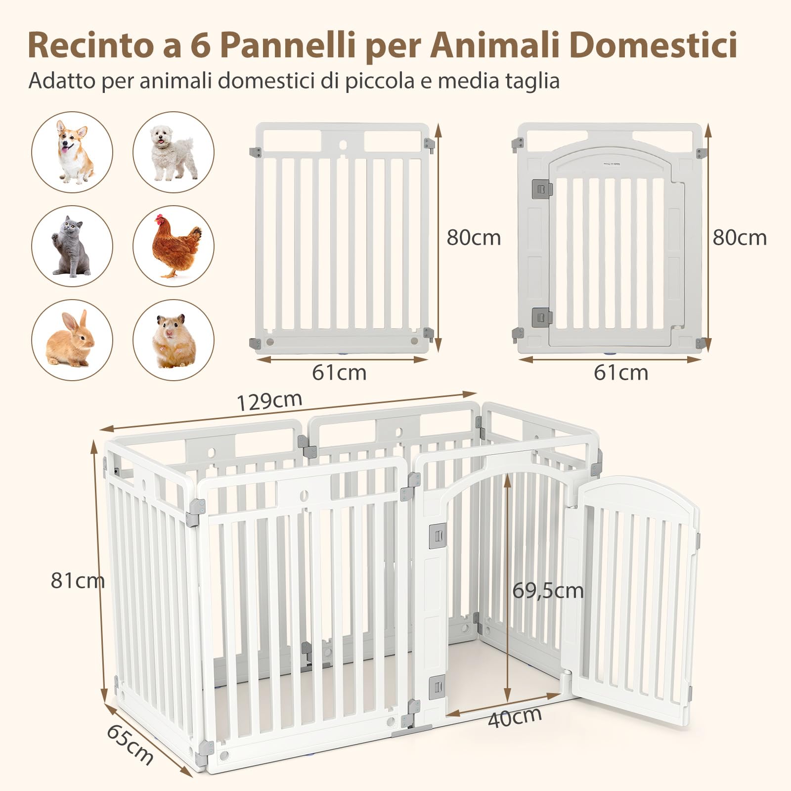 GYMAX Recinto per Animali Domestici a 6 Pannelli, Recinzione Pieghevole da Esterno per Cani con Porta Sicura e Picchetti di Fissaggio, Bordi Arrotondati Sicuri, Facile da Montare e Spostare