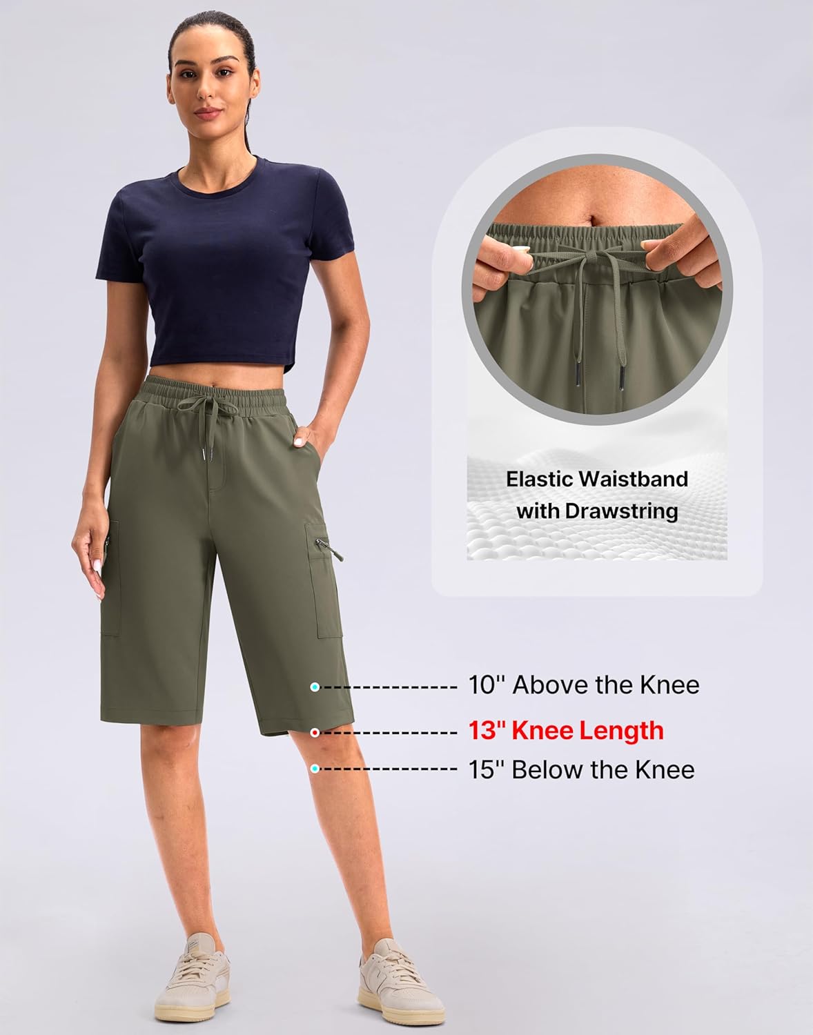 Viodia 13'' Womens Hiking Shorts Knee Length Cargo Bermuda Shorts for Women with Zipper Pockets Quick Dry Summer Short - Image 5