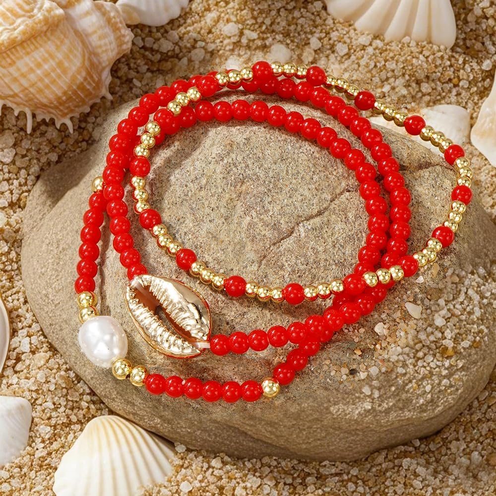 Red Beads Pearl Stackable Elastic Bracelets set for Women,Dainty Gold Beaded 3PCS Bracelet Beach Gifts Friendship - Image 4