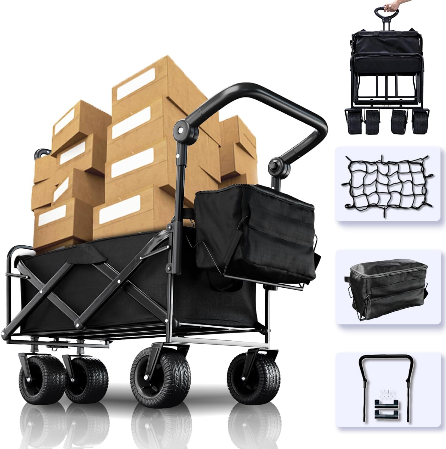 キャンプカート 収納袋 メッシュポケット付き タイロッド角度調整可能 軽量 アウトドアワゴン ストッパー付 コンパクト収納 自立収納