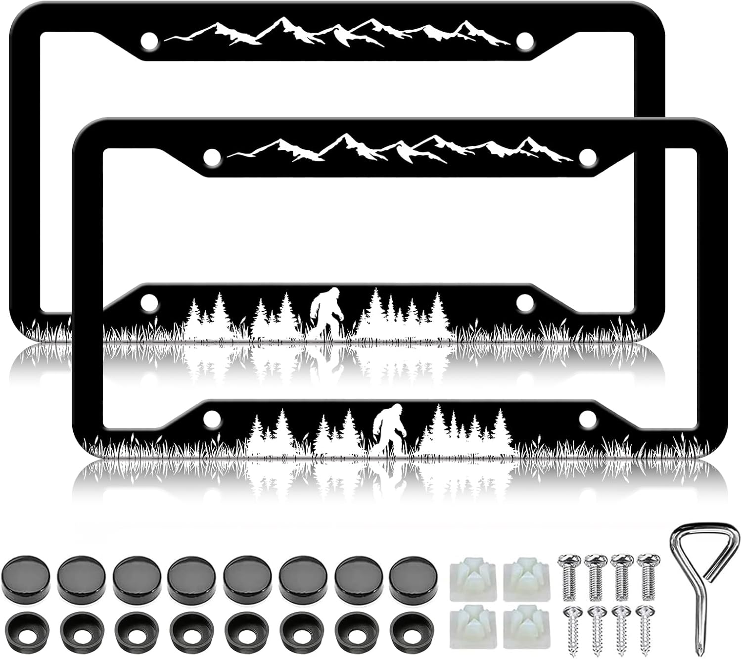 Mountain Bigfoot License Plate Frames - 2 Pack Forest Tree License Plate Holder Covers, Aluminum Metal Rust-Proof Waterproof Car Tag Frame with Screws Fasteners Caps