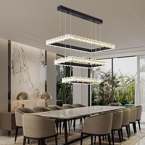 Miniatura 8 de Candelabro moderno para comedor, lámpara de cristal moderna de lujo, lámpara rectangular de 3 anillos, lámpara colgante LED para comedor, lámpara
