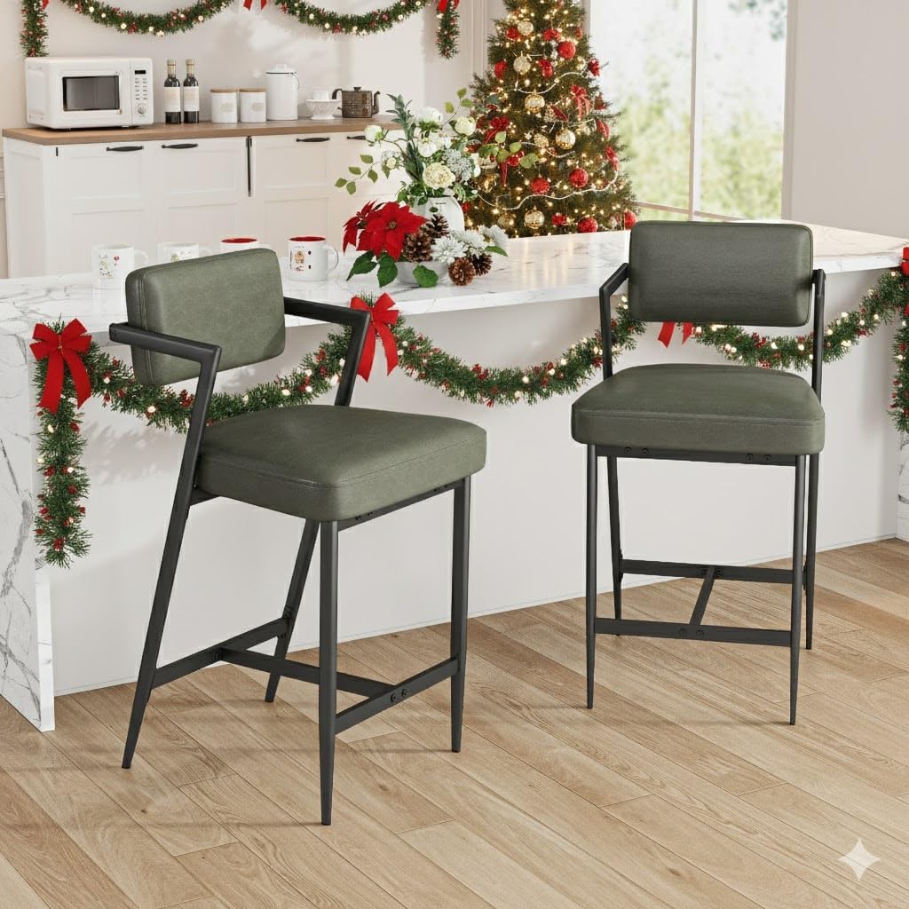 Garvee Bar Stools Set of 2, Tall Bar Chairs with Thick Cushion & Thickened Metal Legs, Upholstered Counter Height Bar Stools w/Backrest and Footrest, for Island, Counter Bar, Kitchen,Retro Green