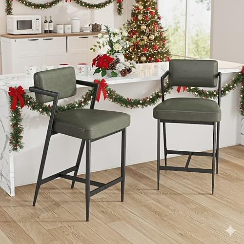 Garvee Juego de 2 taburetes de bar, sillas de bar altas con cojín grueso y patas de metal gruesas, taburetes de bar tapizados con respaldo y Verde