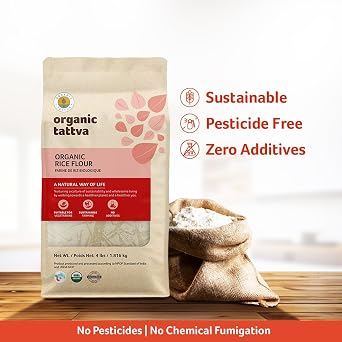 Organic Tattva White Rice Flour (4 lbs) - Indian Organic Rice Flour - Natural Plant Based - Vegan - Kosher - No Additives - Gluten Free - USDA Certified