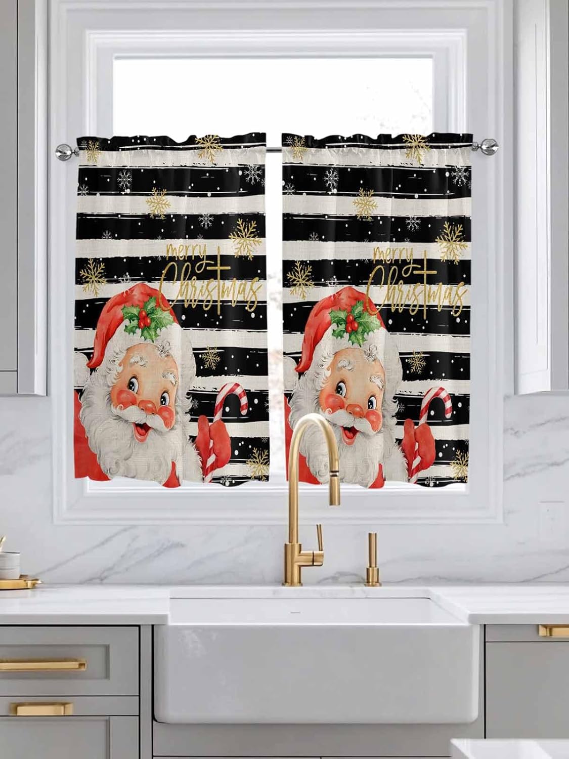 Santa Kitchen Curtain 2 Panels Curtains 45 Inch Length, Christmas Geometric Black Stripes Snowflake Curtains Rod Pocket Curtains Window Drapes Treatment Window Cafe Curtains 104''x45''