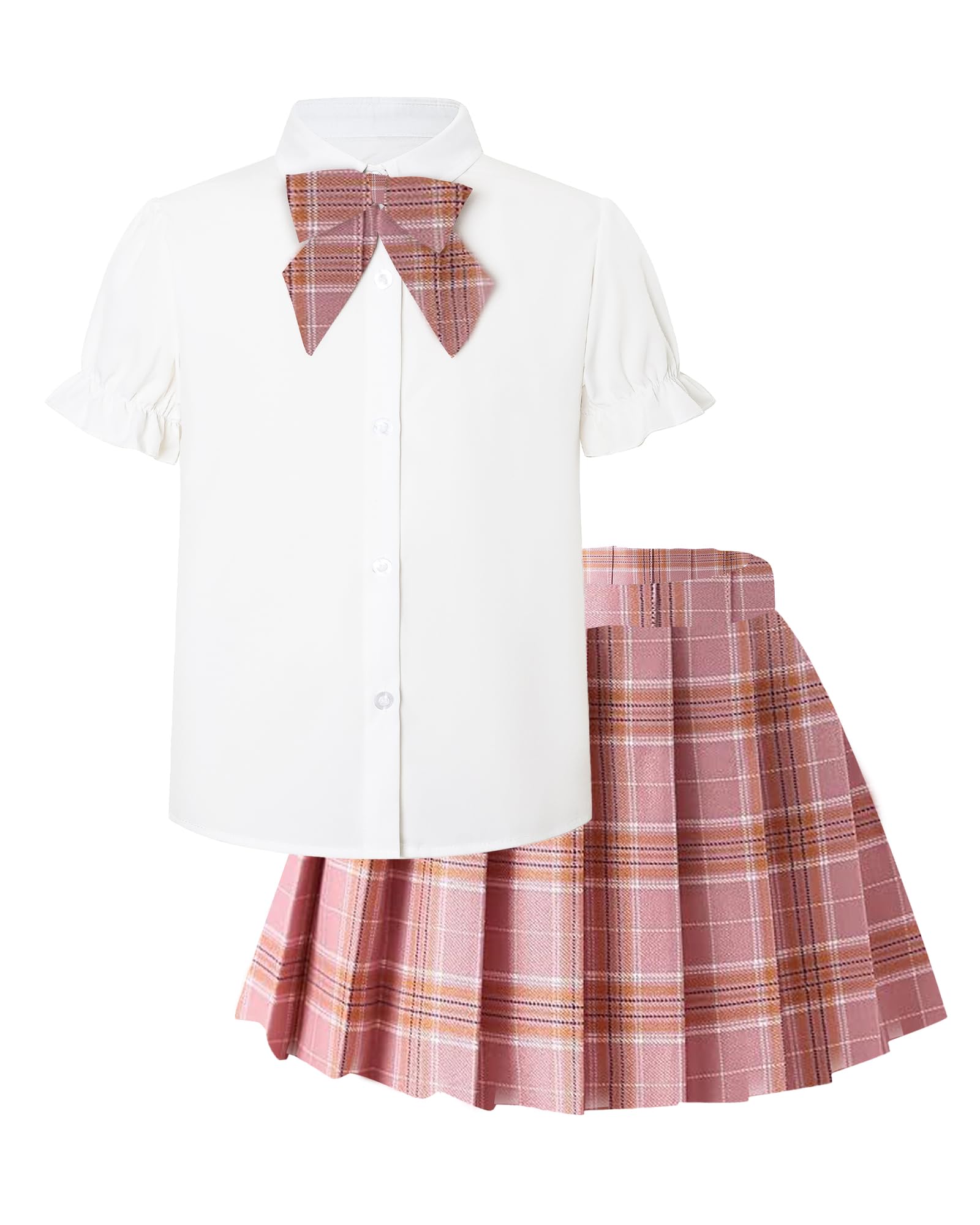 Betusline Girls Skirt Set JK School Uniform 2-Piece Outfit - Short Sleeve Shirt with Bow &amp; Pleated Skirt 4T-14Y