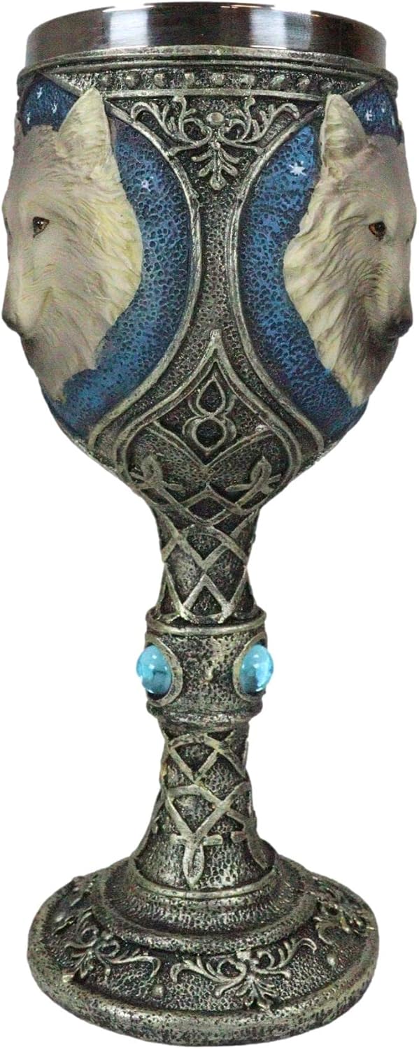 Ebros Royal Blue Celtic Knotwork Magic Remus Gray Wolf Wine Chalice Goblet Cup 7oz Home Kitchen And Dining Decor Accessory Ceremonial Goblet For Direwolf Wolves Timberwolf Coyote Fans