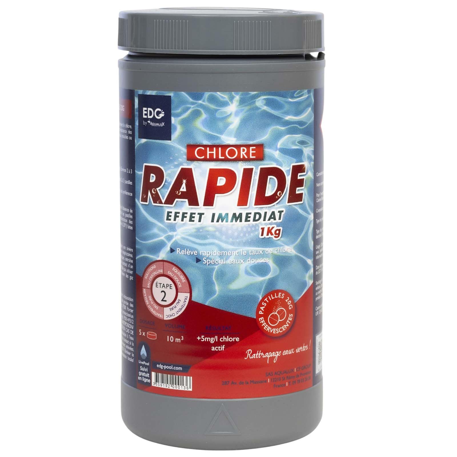 Chlore Rapide Piscine EDG - Chlore Choc Spécial Eaux Vertes - Boîte 1kg - Pastilles 20g - Effet Immédiat