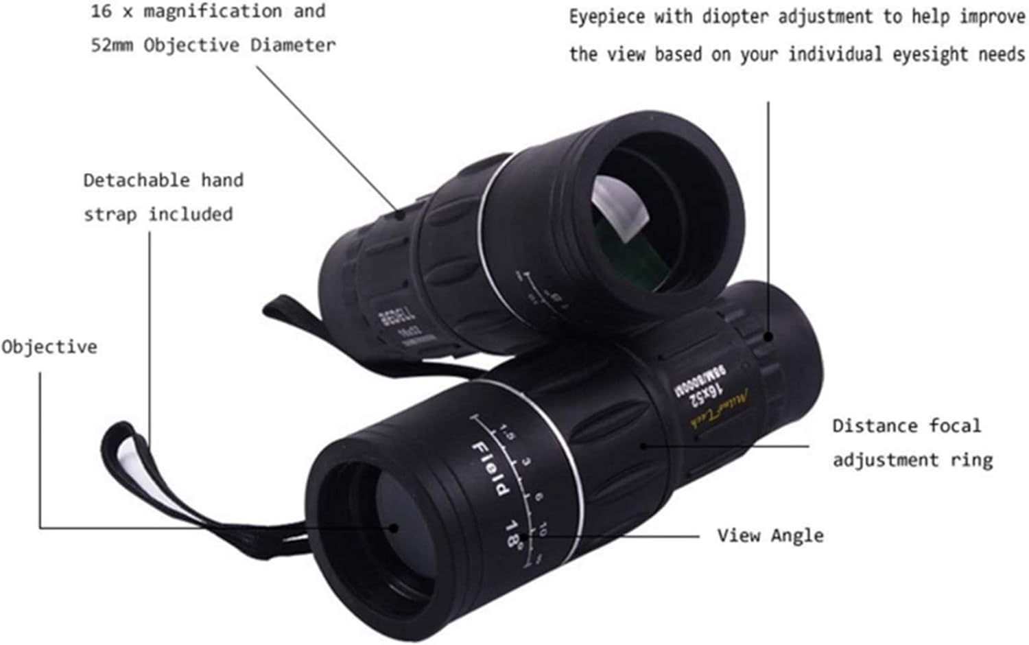 単眼鏡 望遠鏡 16x52高倍率超クリアズームすべての光学シマーナイトビジョンシングル望遠鏡用屋外用途（カラー：ブラック） LIOY