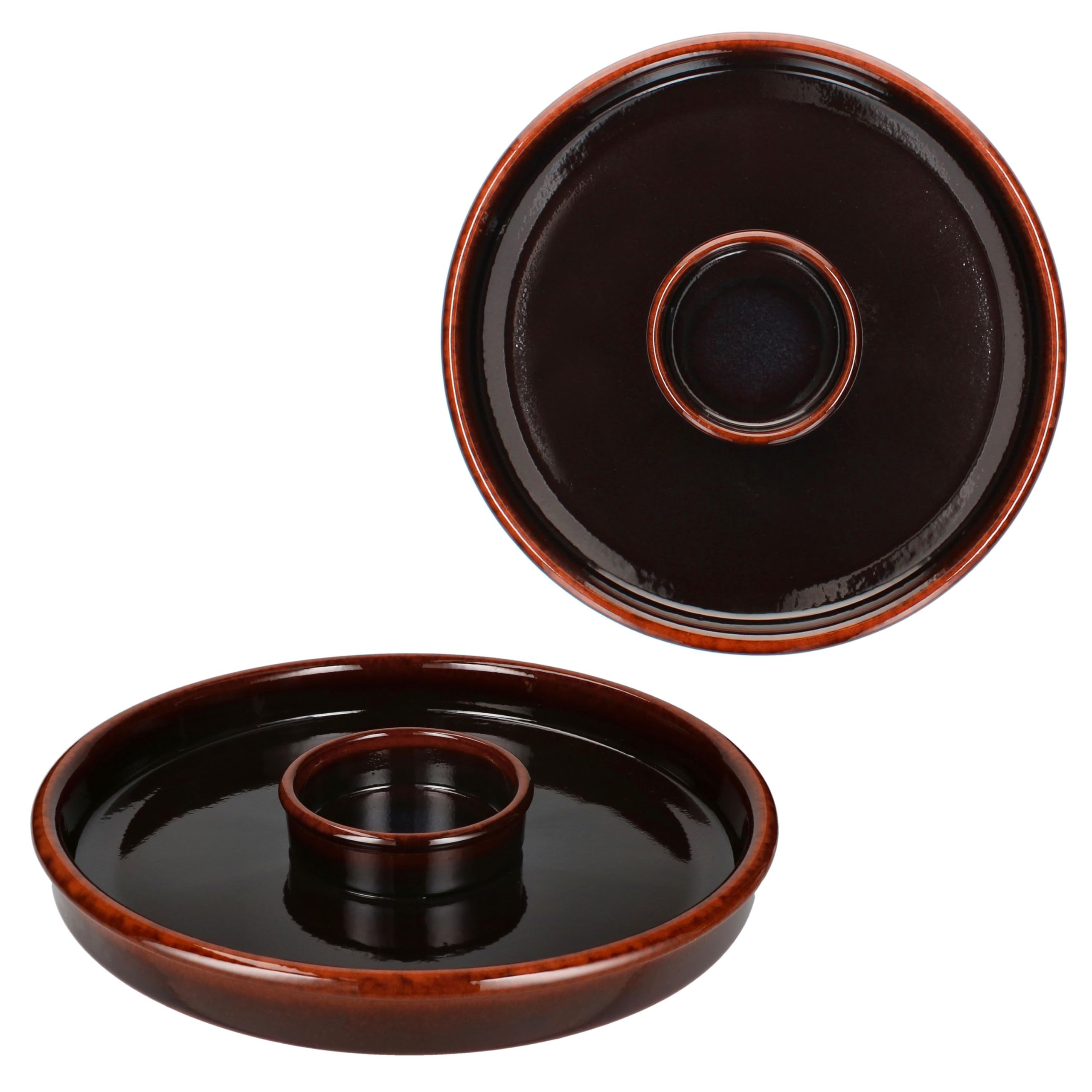 MamboCat Tapas-Schale Aus Ton, 33,5 Cm – Dunkelbraune Schale Mit Integriertem Dip-Schälchen Für Antipasti, Fingerfood & Tapas