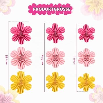 Easy Joy Pack of 9 Paper Fan Decoration Paper Flowers Hanging Paper Fan Garland Decoration Pink Yellow for Birthday Wedding Graduation Children Party