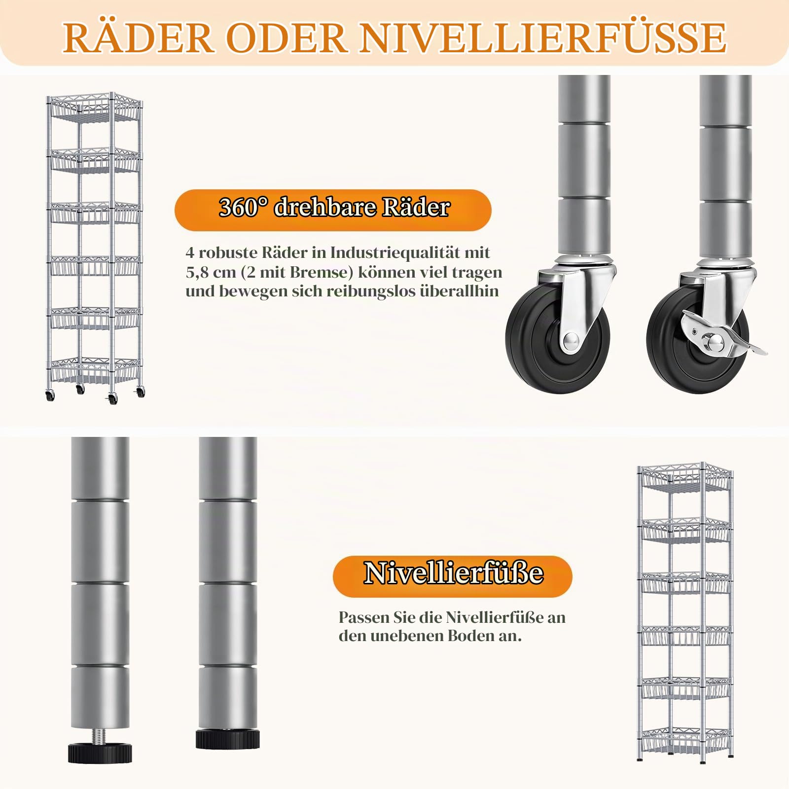 Standregal Drahtregal 6 Ebenen, Körbe, Rollen, verstellbar, Silber