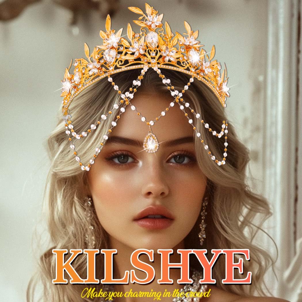 Kilshye Gold Leaf Crowns and Tiaras Crystal Wedding Headpiece Bridal Headband for Women - Image 3