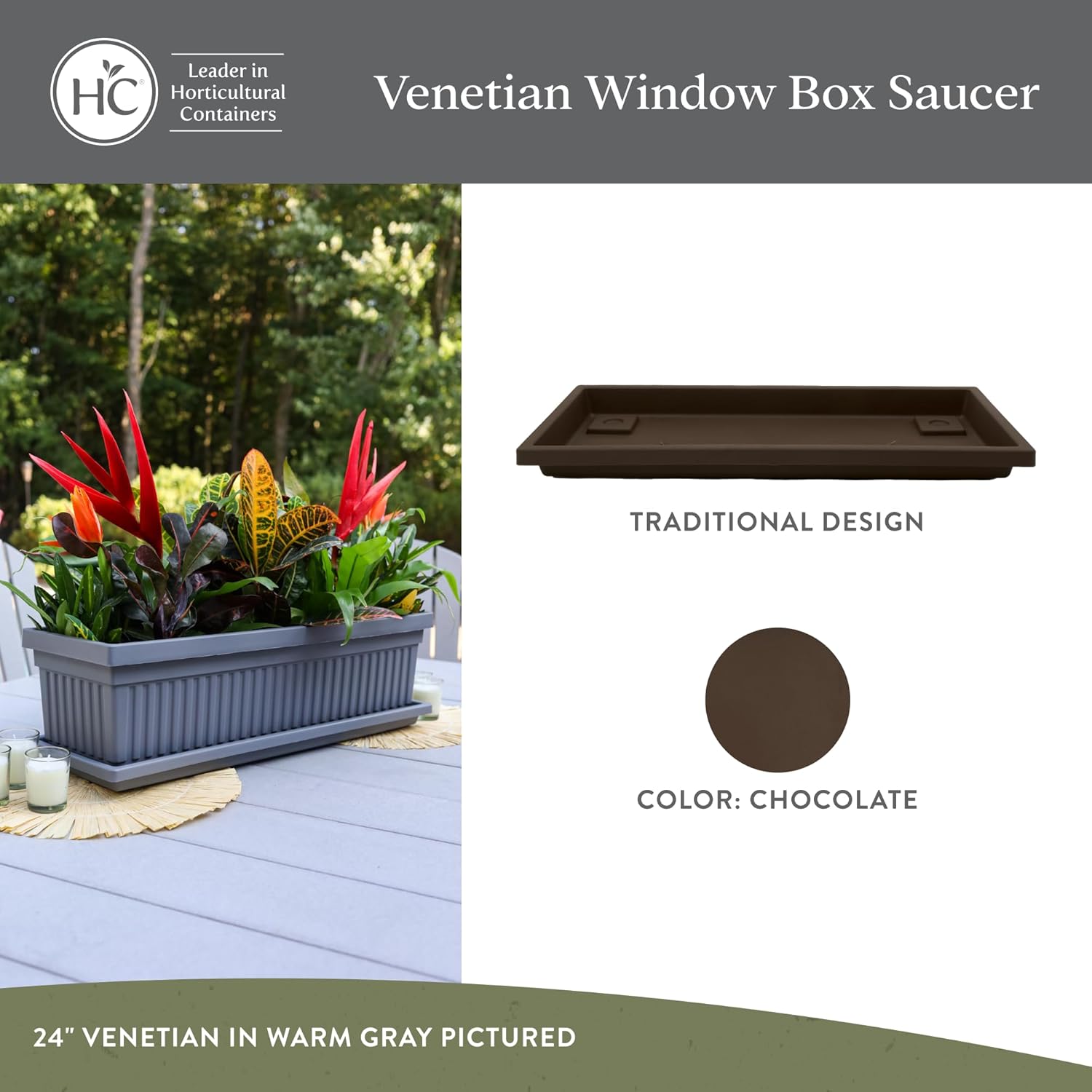 The HC Companies Venetian Rectangular Plant Tray - Lightweight Plastic Plant Saucer - Plant Drip Trays for Drainage -UV Resistant Pot Saucer for Indoor & Outdoor Use (23.5" Chocolate, Pack of 1)