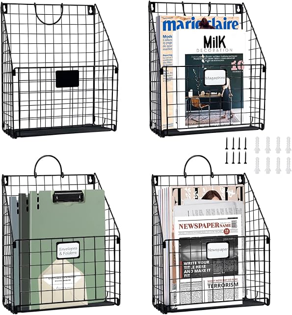 LINYAPRY 4 Packs Hanging Wall File Organizer, Foldable Wall Magazine File Holder with Handle and Tag Slot, Metal Wall Mount Mail Organizer Rack Folder Holder for Document Office Door Home