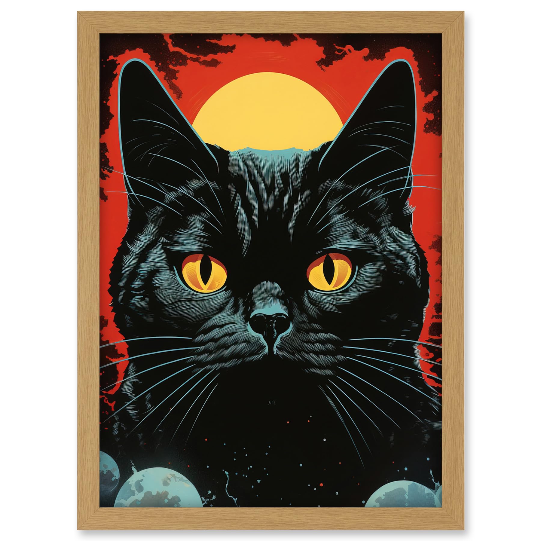 Artery8 In the Shadow of the Celestial Black Cat Vintage Pulp Art Sci-Fi Cover Artwork Red Yellow Blue Solar Eclipse Artwork Framed A3 Wall Art Print