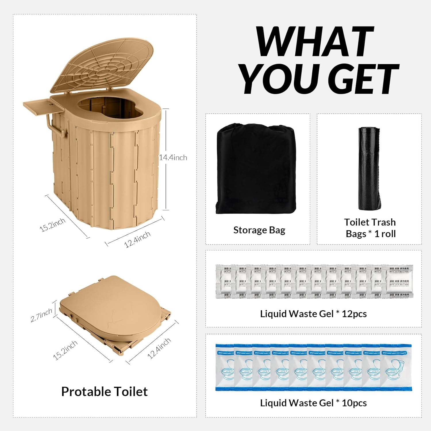 Portable Camping Toilet with Pop-Up Privacy Tent, 12-inch Toilet Seat, Outdoor Portable Folding Toilet Potty for Adults Load Capacity of 400 Lbs, LED-Light Camping Bathroom