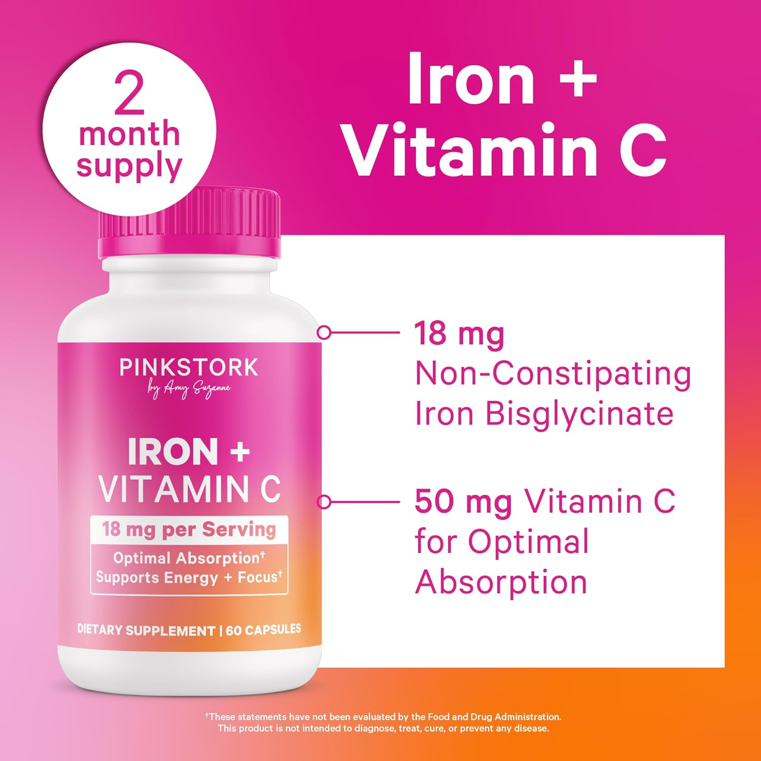 Pink Stork Prenatal Iron Supplement for Women - 18 mg Non-Constipating Iron & Vitamin C for Pregnancy, Postpartum, & Breastfeeding - Focus, Fatigue, & Blood Cell Production - 4 Month Supply