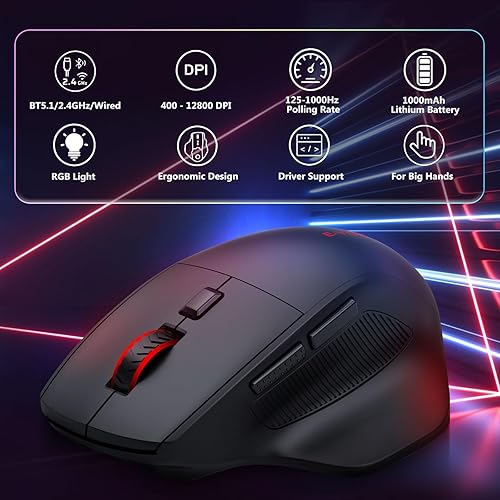 Miniatura 2 de E-YOOSO Ratón ergonómico inalámbrico para juegos para manos grandes, tres modos de 2.4 GHz/Bluetooth/mouse con retroiluminación RGB recargable con 2