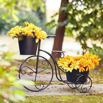 Glitzhome Metal Standing Planter Hand Painted Flower Holder Tricycle Plant Stand Indoor Outdoor Home Garden Patio Decor Black, 21.5" L