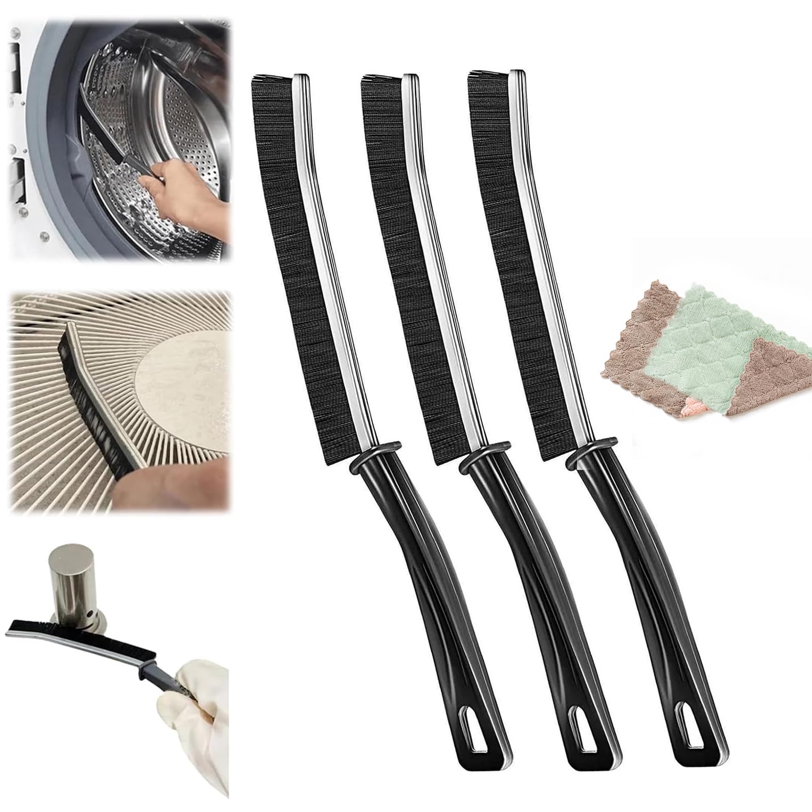 3Pcs Hard-Bristled Crevice Cleaning Brush with Rags and Hook, Groove Cleaner Scrub Brush Tile Joints, Kitchen Crevice Gap Cleaning Brush Tool Kit, Stiff Angled Bristles for Bathtub, Kitchen, Window