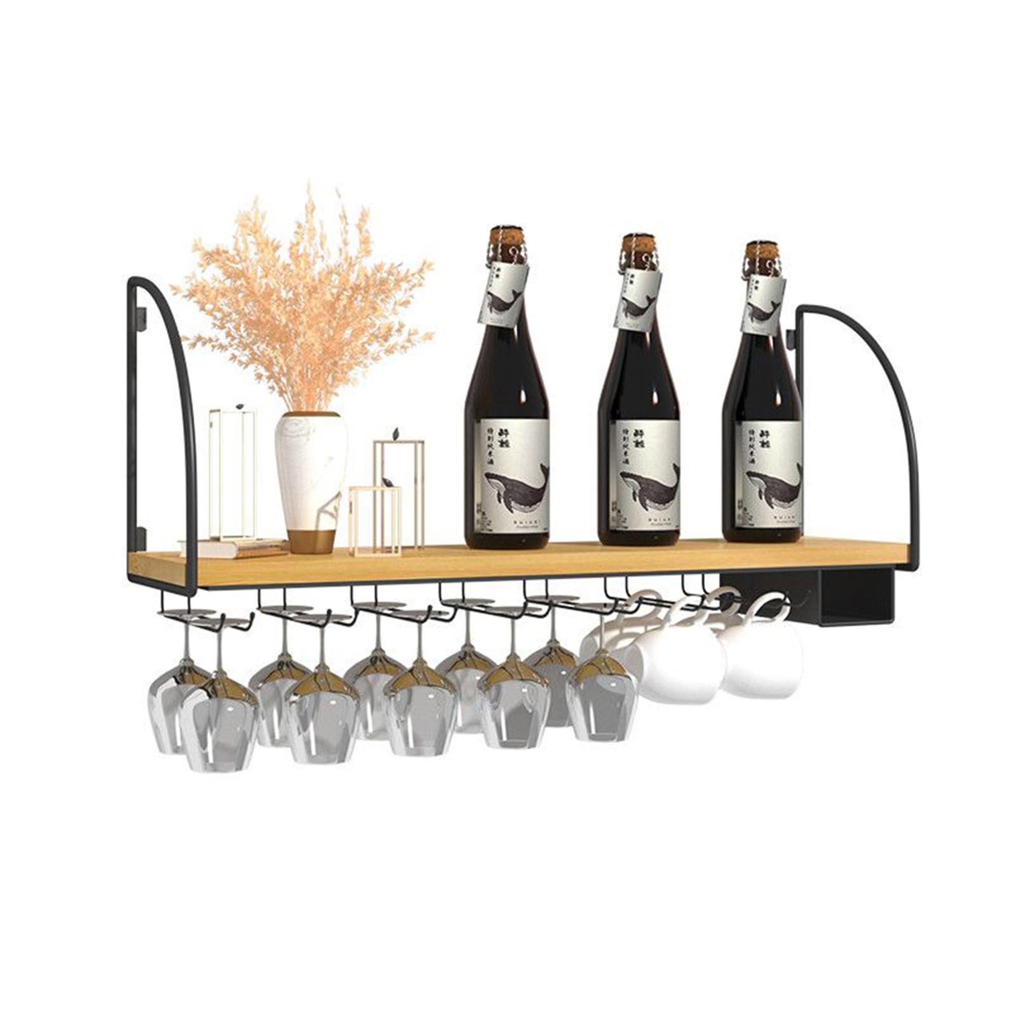 Weinregal Wand Klein Flaschenregal Schmal Wine Rack Bar Regal Wand Weinschrank Hausbar Barschrank mit Weinglashalter Weinständer Getränke Regal für Bartheke Wohnzimmer(Nero,60cm(23.62in))