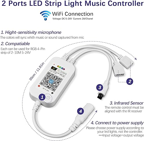 Vista 24 de RGBZONE Controlador LED Bluetooth RGB, controlador de tira de luces LED de música inteligente de 4 pines, control remoto IR de 40 teclas para tiras