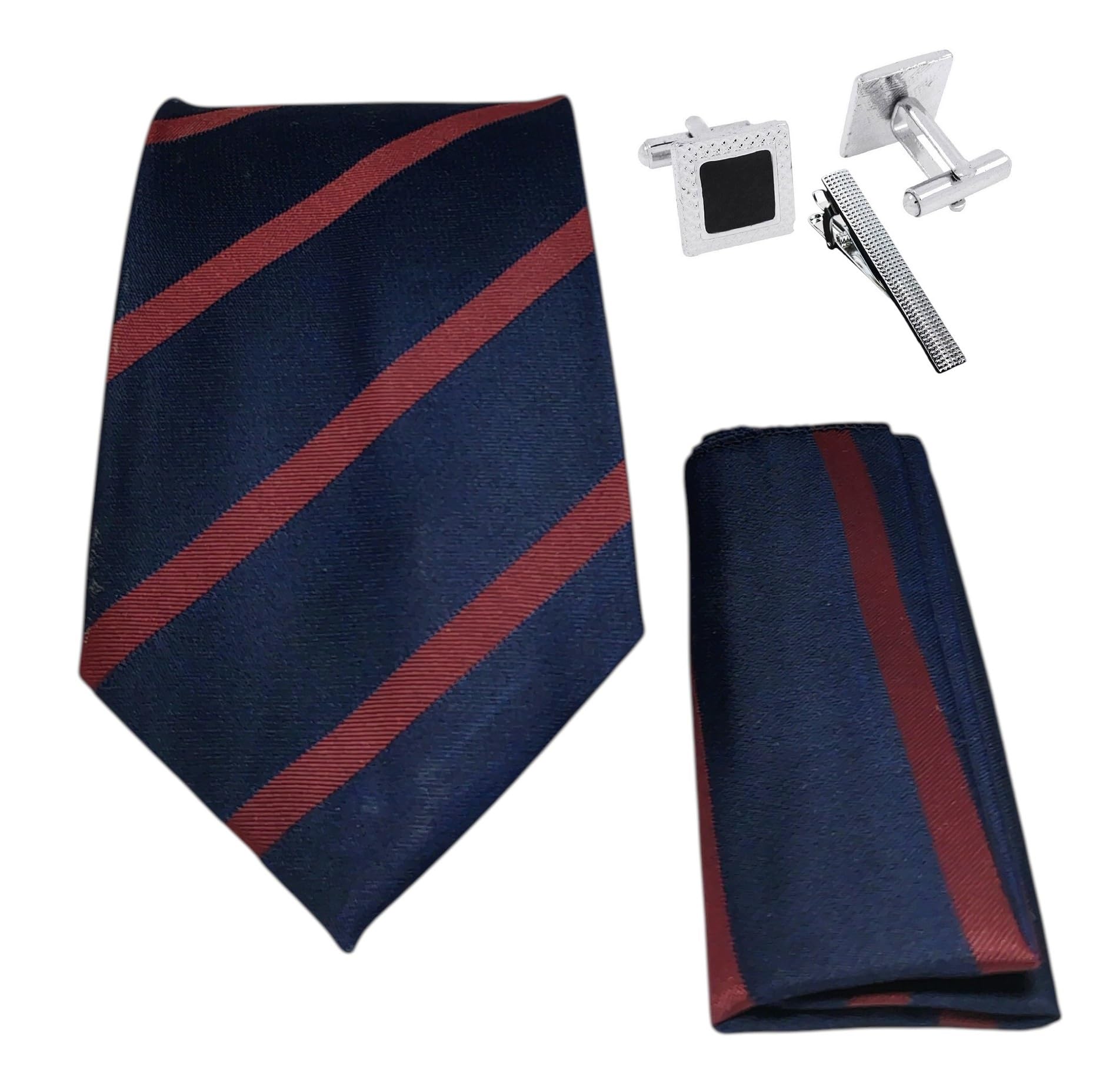 FashMade Premium Italian Silk Tie, Pocket Square with Square Brass Cufflinks & Silver Honeycomb Tie Pin Combo in Leather Gift Box for Men – Formal & Wedding Set tp-35-image-42