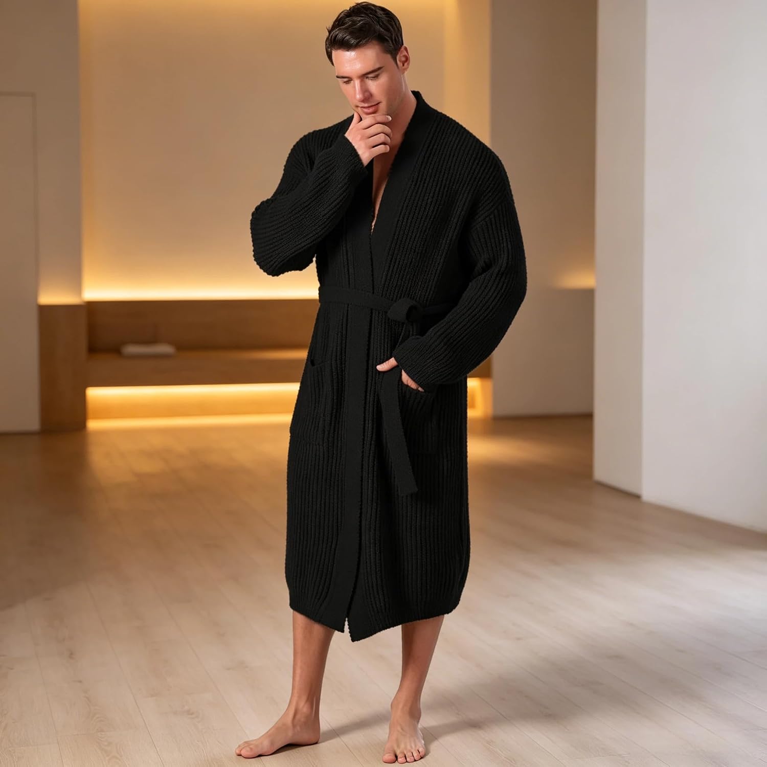 bearberry Cozy Robe Lightweight Soft Plush Robe Hoodless Sleepwear Nightgown with Pockets for Men