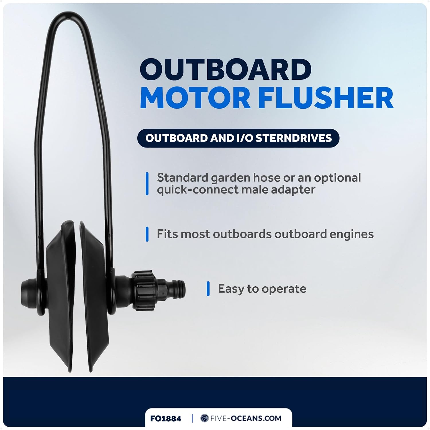 Five Oceans Outboard Motor Muffs, Boat Motor Flusher, Black PVC Marine Grade Muffs, Coated Steel Bracket, Includes Garden Hose Connector & Quick Connect Adapter