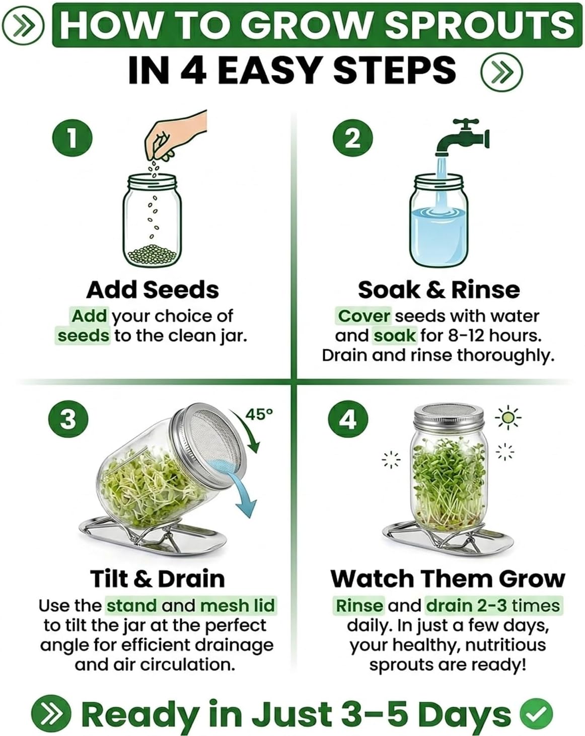 Seed Sprouting Jar Screen Mesh Lids Stand Kit for Wide Mouth Mason Jars Stainless Steel Reusable Broccoli Seeds Mung Bean Sprouts Growing at Home Kits Sprouter Maker Plant Germination(2Kits)