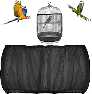 Adjustable Bird Cage Seed Catcher, Black Bird Cage Net Birdcage Cover Skirt Nylon Mesh Netting, Stretchy Birds Cages Guard for Parrot Parakeet Macaw African Any Cages Cover