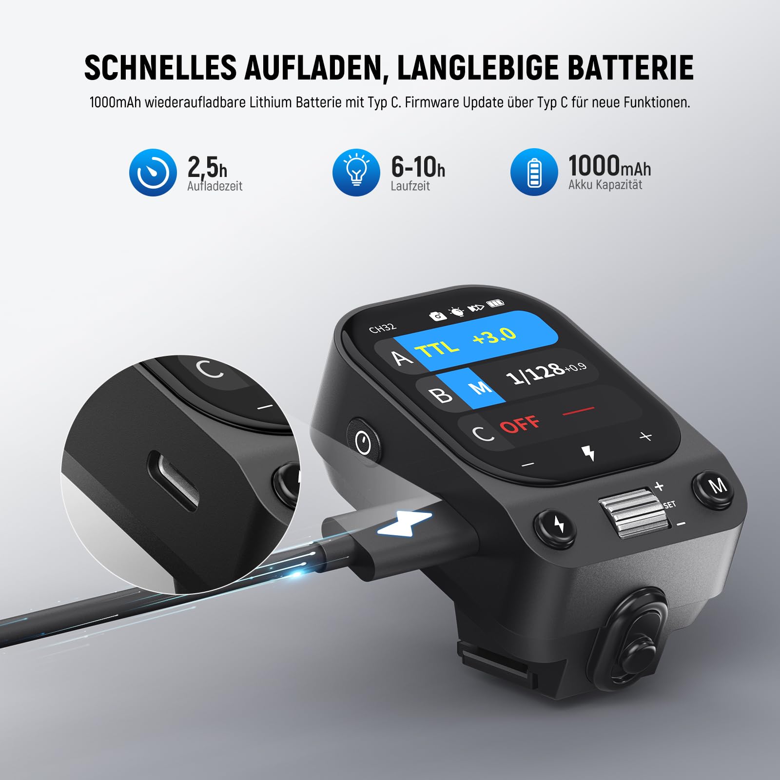 NEEWER QZ-S 2,4G TTL Funk Blitz Studio Blitzauslöser 1/8000s HSS kompatibel mit Sony Kameras ZV-E10 A6400 A7III A7IV Godox IT32 V1 V100 AD200 Pro II, 1000mAh Akku/cm Schalter/OLED Touchscreen