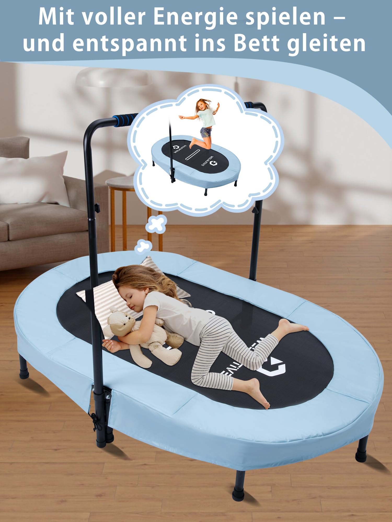 Ovales Indoor Trampolin für 2 Personen geräuscharm belastbar bis 150kg Ideal für Kinder & Erwachsene Fitness Muskelaufbau Gewichtskontrolle Sicher mit 40 Federn Geschenkidee