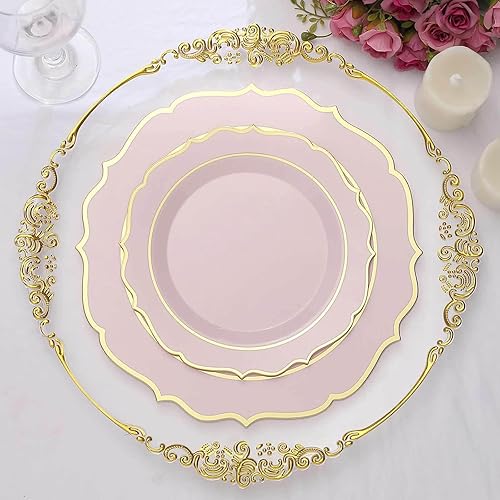 Miniatura 6 de Efavormart - Paquete de 10 platos de ensalada de postre de plástico de 8 pulgadas, vajilla desechable redonda con borde festoneado dorado para